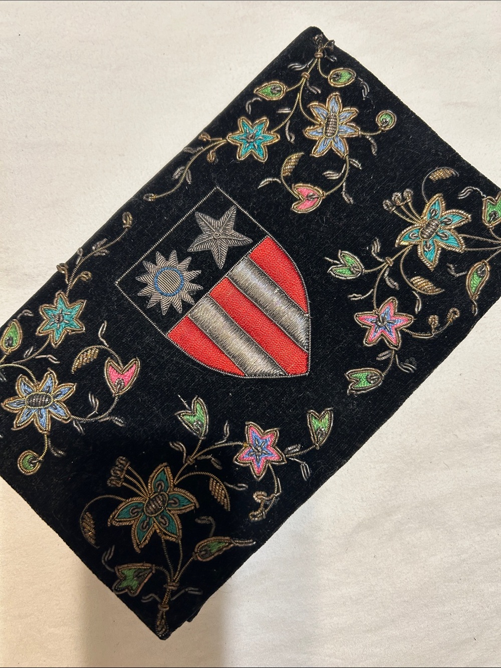 Embroidered Black Floral Shield Clutch